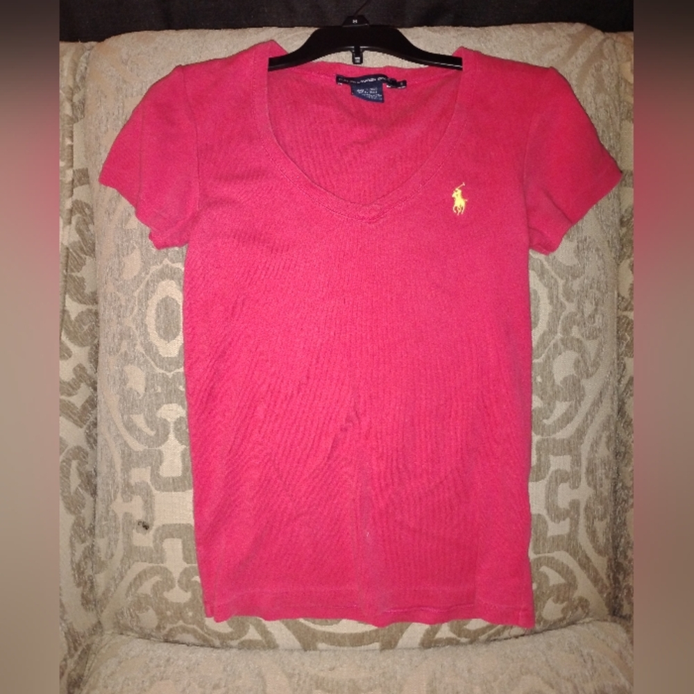RALPH LAUREN SPORT =RED SHORT SLEEVE T-SHIRT = YELLOW LABEL WOMAN'S = SIZE SMALL